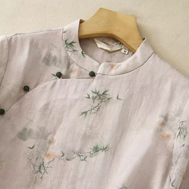 Vintage Women's Shirts Summer Printed Chinese Style Blouses Loose Short Sleeve Women Tops Cotton Linen Clothing YCMYUNYAN