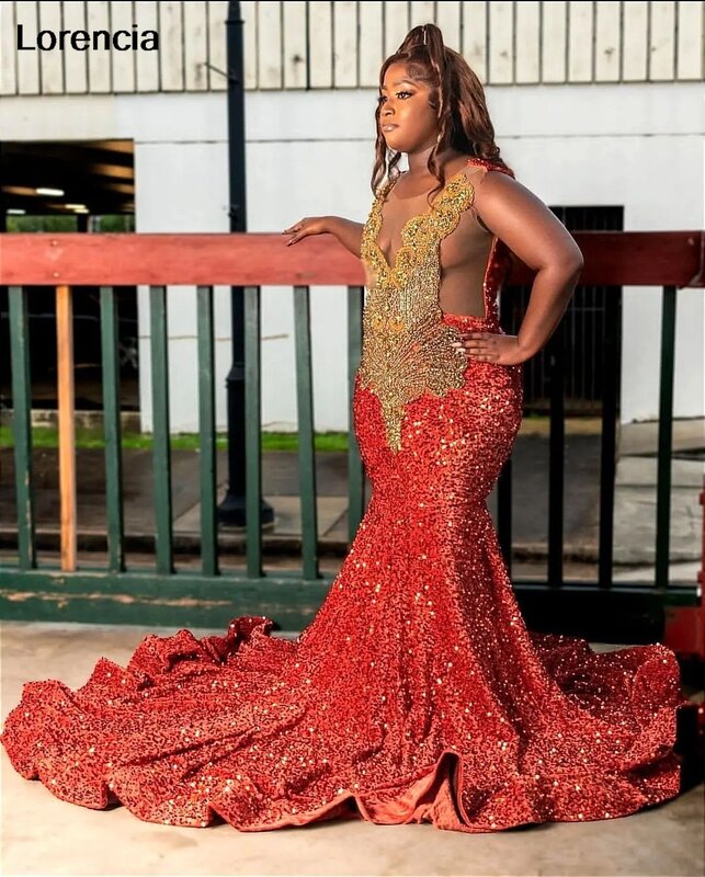 Lorencia Orange Sequins Mermaid Prom Dress 2024 Beading Gillter African Black Girls Party Gown Long Aso Ebi Evening Dress YPD140