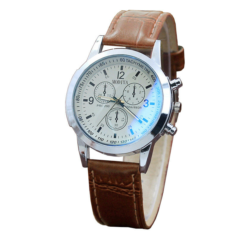 Relógio de quartzo analógico com pulseira de couro masculino, casual esportivo, vidro claro azul combinando, roupa simples, moda