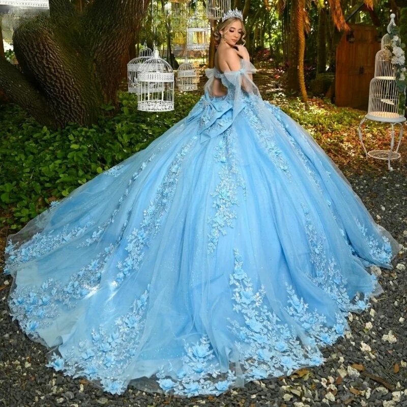 Glitter Sequins Quinceanrra Prom Dresses Charming Appliques 3D Flower Princess Long Off The Shoulder Sweet 16 Dress Vestidos