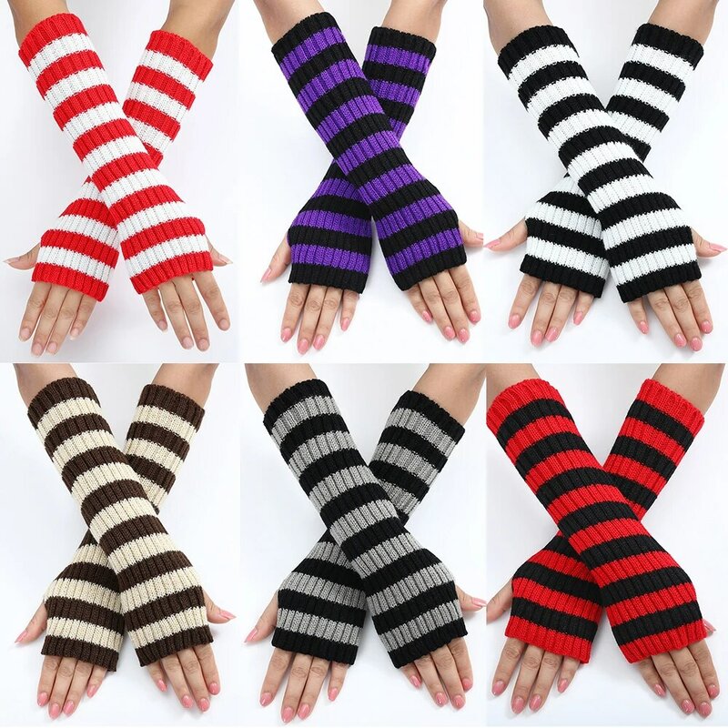 Женские вязаные перчатки без пальцев в готическом стиле, зимние длинные перчатки в полоску в стиле Харадзюку, Y2K
