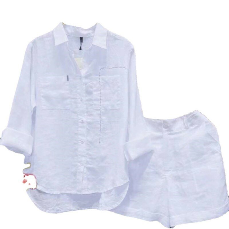 2024 Summer Casual Shirt Two Piece Set For Women Shorts 2 Piece Sets Outfit Solid Color Long Sleeve Short Sets Outfits Home Sets
