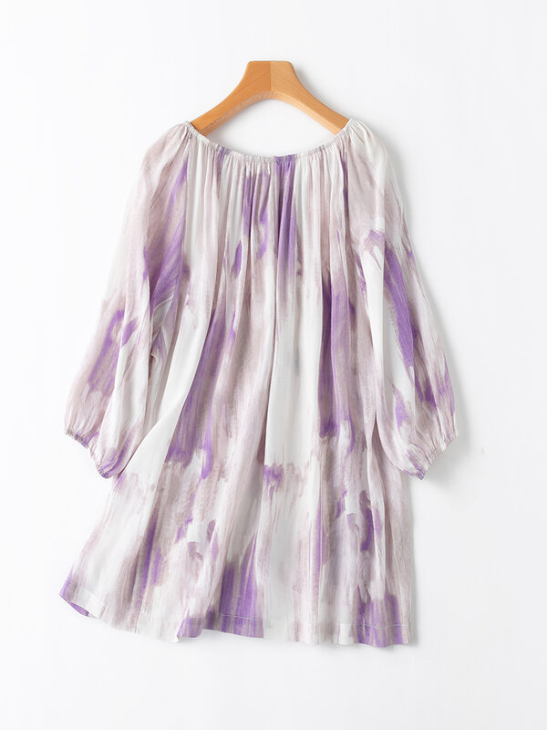 SuyaDream Women Printed Blouses 100%Silk Crepe Slash Neck Lantern Sleeves Shirts 2023 Summer New Casual Top Purple