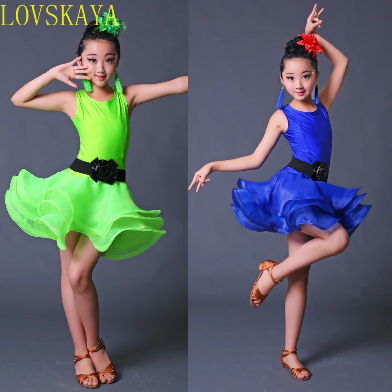 Vestido profissional de dança latina para meninas, salão de baile e salsa dance wear, roupas infantis, trajes infantis de festa infantil, azul e vermelho