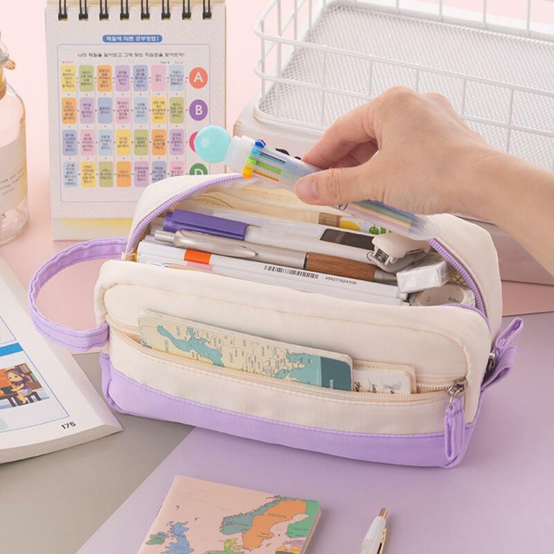 Double Layer Pencil Bag with Zipper Large Capacity Wear Resistant Makeup Brush Pen Pouch Stationery Organizer School Supplies