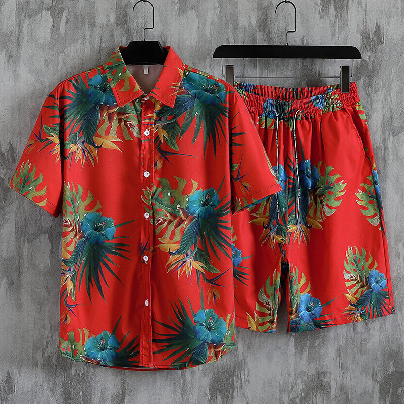 Conjunto de 2 peças de praia havaiana de secagem rápida masculina, camisa e shorts soltos casuais, agasalho estampado, roupas masculinas, roupas de verão