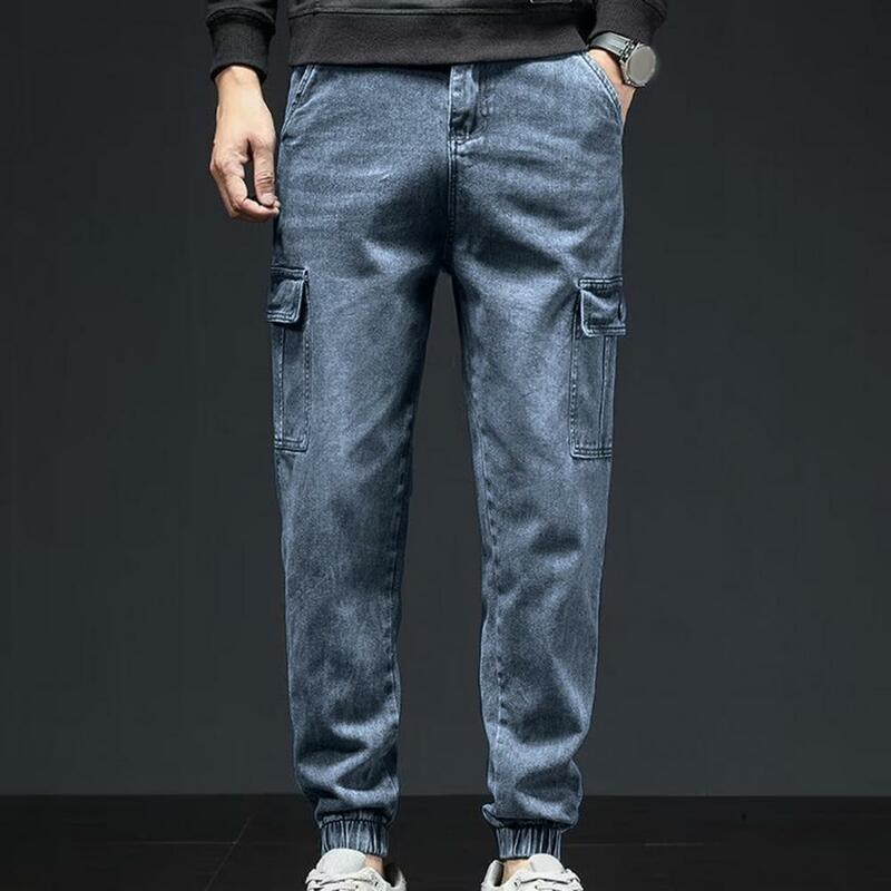 Брюки-карго со средней талией, уличная одежда в стиле ретро, мужские брюки-карго с эластичными вставками на щиколотке и несколькими карманами для удобства