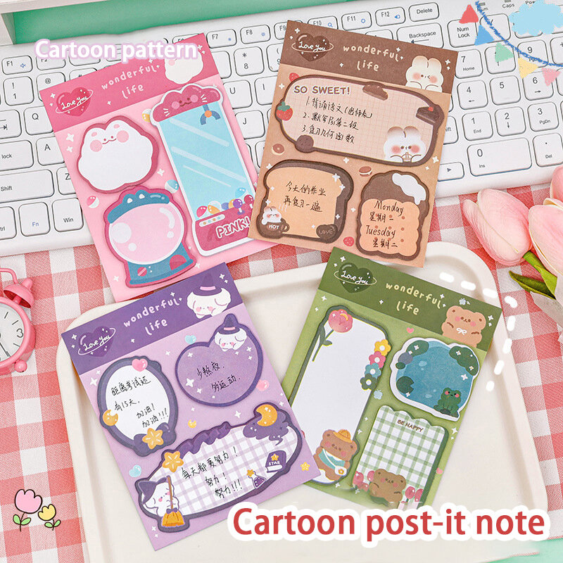 Criativo Cartoon Sticky Notes Set, Mensagem N Adesivos, Cute Handbook Memo Pads, Planejador de jornal, Student Ins, 60 pcs