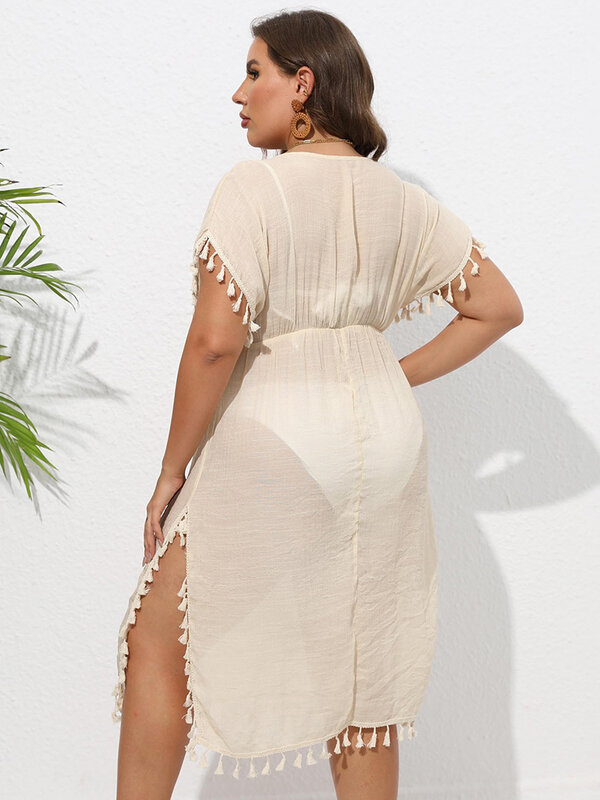 GIBSIE-túnica transparente con cuello en V profundo para mujer, traje de baño Sexy con borlas, Vestido de playa dividido, talla grande, Verano