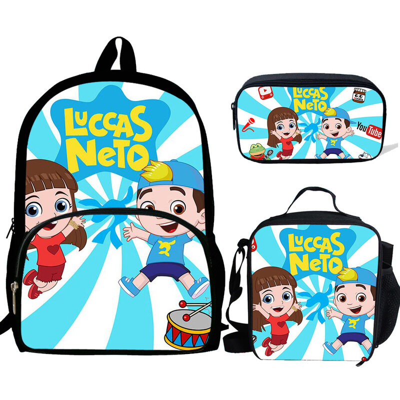 Mochila para menino e menina, mochila escolar em 3 partes com estampa de luccas, com padrão, para crianças
