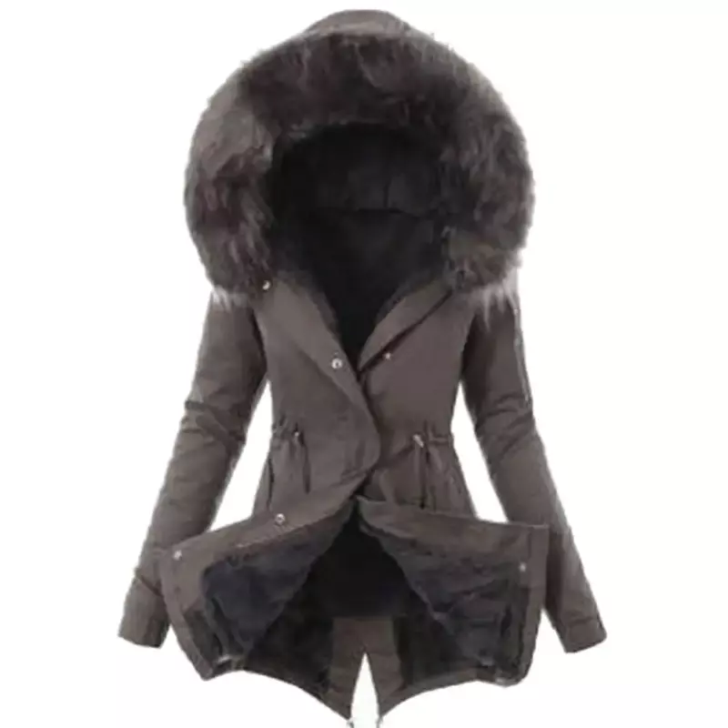Chaqueta de plumón de algodón con capucha de piel sintética para mujer, abrigo largo informal, ropa de abrigo cálida para invierno