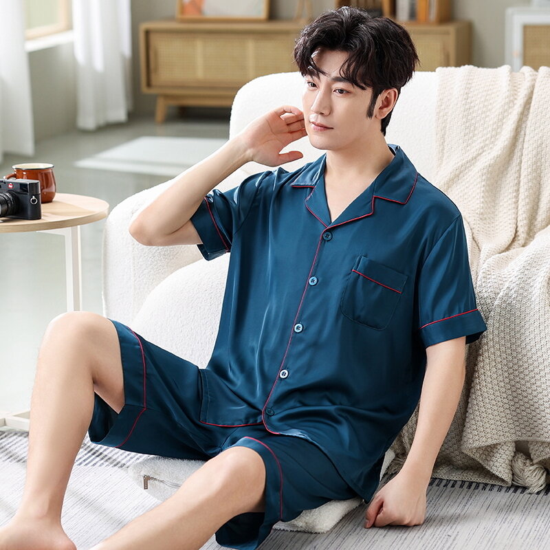 New Summer Solid Color Pajamas Set Mens Big Yards Silk Satin Pyjamas Male Short Sleeve Shorts Nightgown Chinese Silk Sleepwear