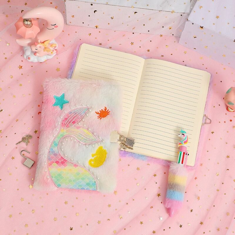 Journal Book Plush Locked A5 Notebook Daily Planner Diary Note Pad Fish Tail Furry Notepad Scrapbooking Hand Account