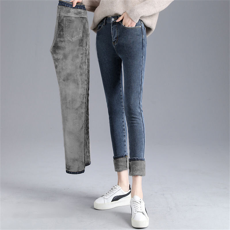Женские облегающие бархатные джинсы со средней талией на осень, модные обтягивающие плотные флисовые джинсовые брюки в Корейском стиле, новые зимние синие теплые джинсы