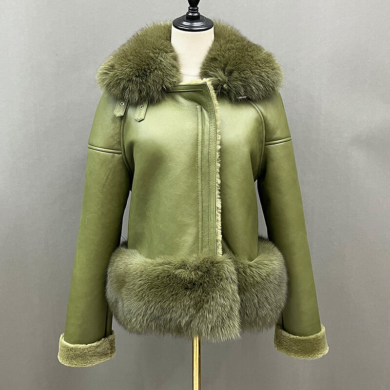 Shearing real sheepskin2022 nova senhora jaquetas de couro inverno quente real gola de pele de raposa punhos forro de pele curto casaco casacos 7421b