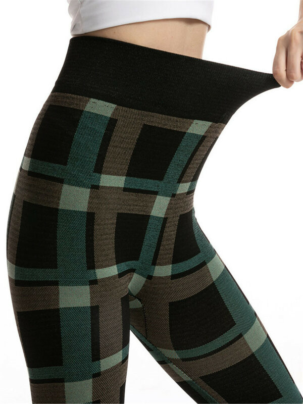 VISNXGI Women Leggings Grid Print Exercise Fitness Jacquard Plaid Seamless Push Up Female Trousers High Waist Ankle-Length Pants
