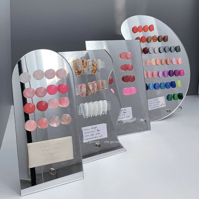 Ins Spiegel unregelmäßige Acryl Nail Art falsche Tipps Display Board Glas Farb karte Nail Art Display Stand Maniküre zeigt Regal