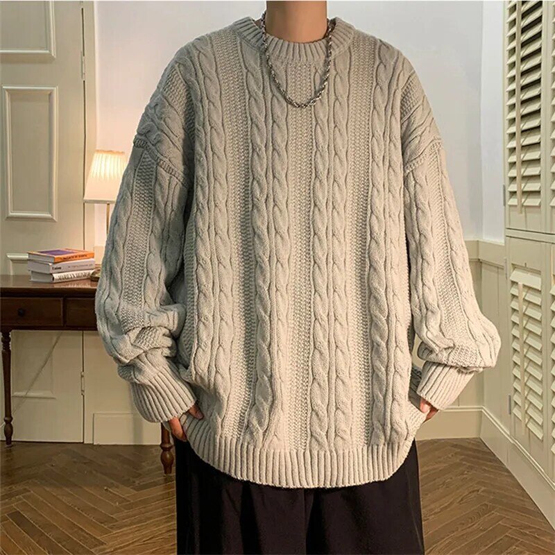 Suéter de punto suelto para hombre, Jersey informal de cuello redondo, Color sólido, a la moda, otoño e invierno, 2023