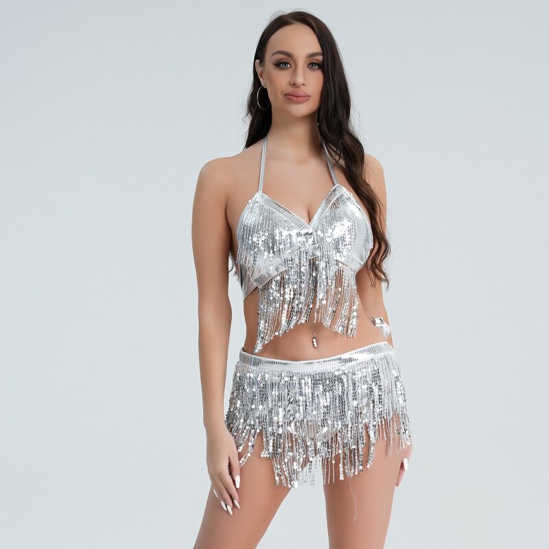 Gaun tari perut Gaun wanita payet seksi rumbai klub malam Samba wanita setelan rok atas Chacha tiang Dancewear