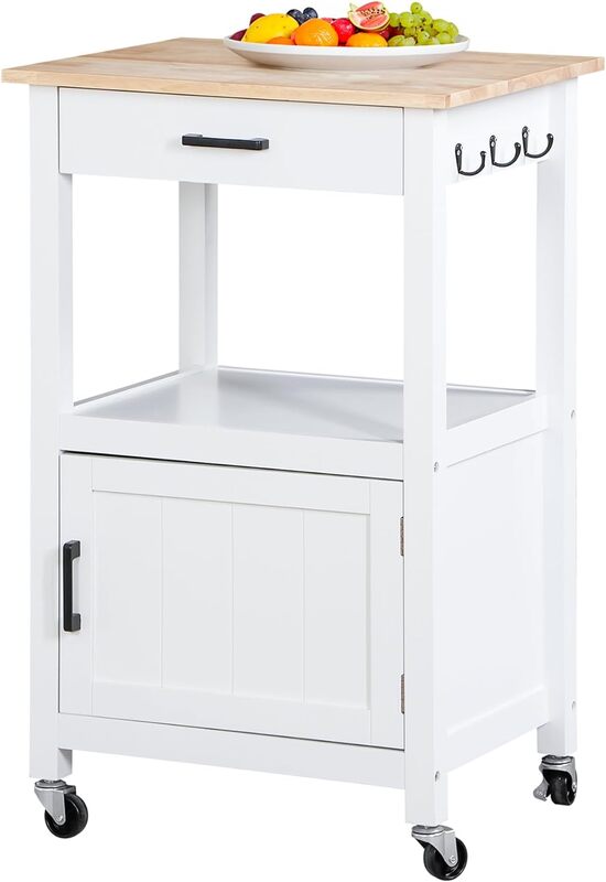 Kitchen Island on Swivel Wheels with Drawer, Rolling Kitchen Cart Storage Cabinet with 3 Side Hooks for Dining Room, White