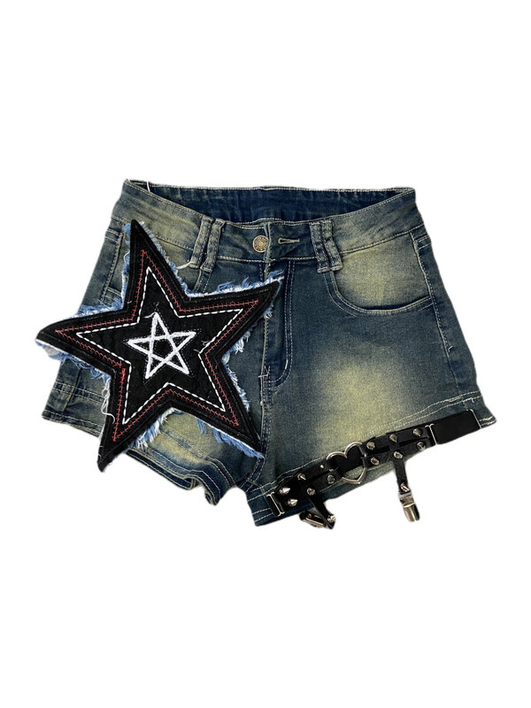 Шорты женские джинсовые с вышивкой в виде звезд, винтажные Широкие штаны из денима в стиле панк, с завышенной талией, Y2K, на лето