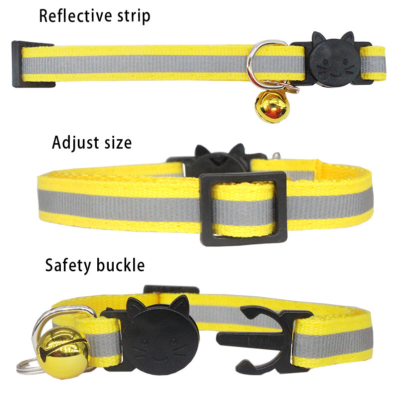 Collar de gato reflectante personalizado, hebilla de seguridad ajustable con campana, grabado gratis, Collar de nailon para cachorros y gatitos