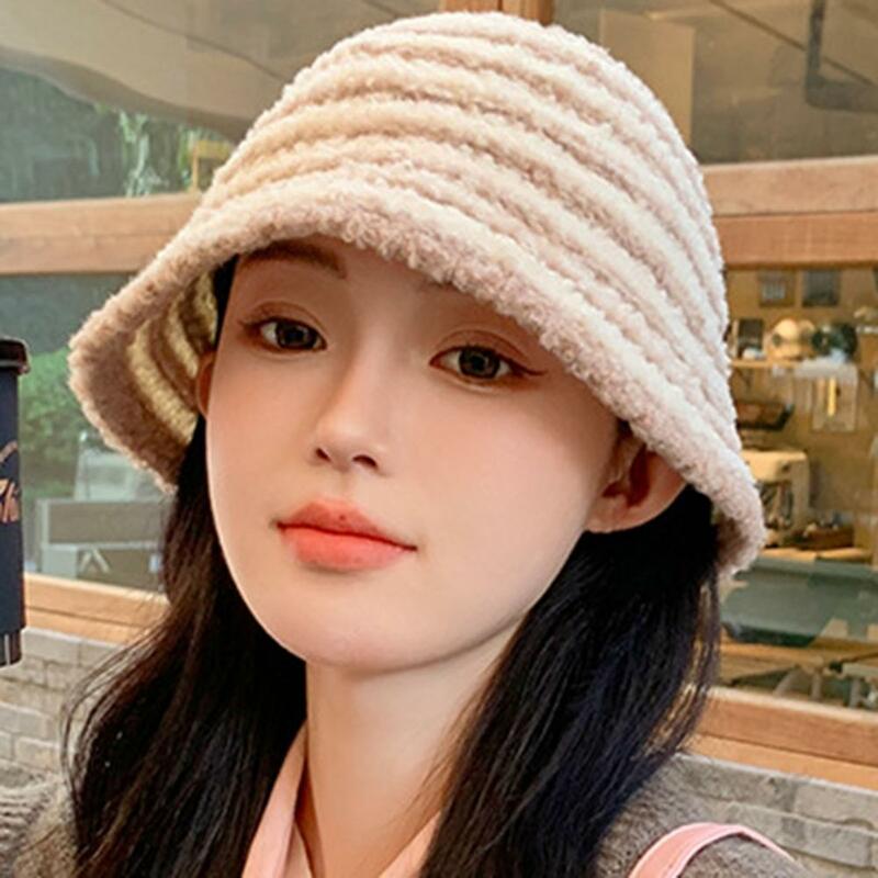 Fisherman Hat Stylish Striped Knitted Woolen Hat Korean Version Soft Comfortable Basin Hat for Women Versatile Warm Ear