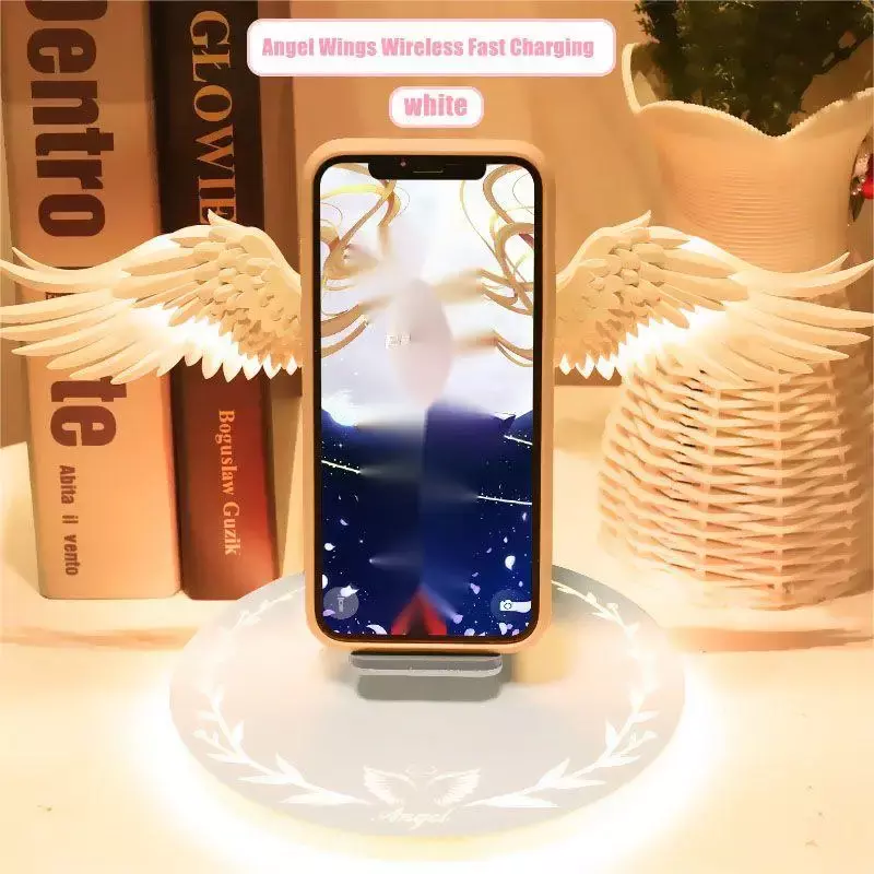 Angel Wings QI 휴대폰 고속 충전 무선 충전기, 창의적인 이동식 날개 모양, 호흡 조명 및 음악 기능 선물, 10W