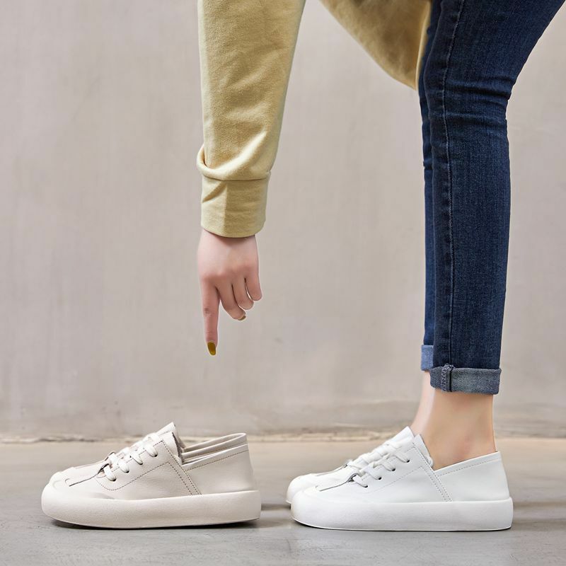 Genuine Leather Lace Up White Shoes For Women Flats Heel Sofe Soles Sneakers Shoes Luxury Leisure Fashion Big Head Shoes pisos