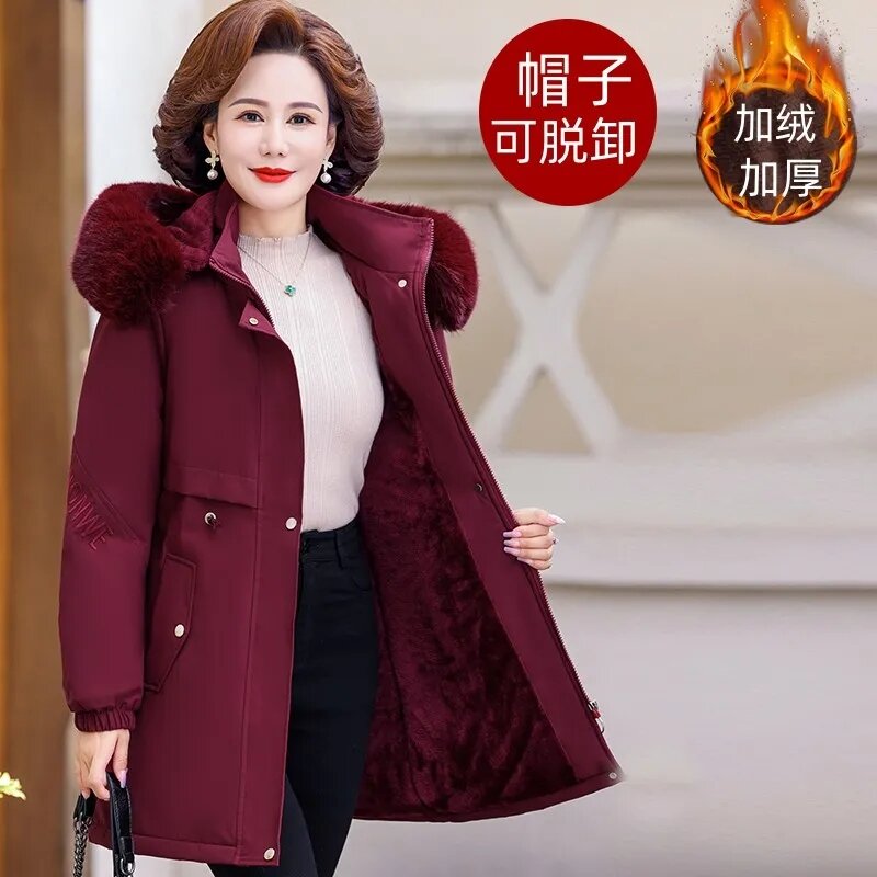 Middle aged mother Parka Women Detachable Hooded Cotton Jacket Autumn Winter New Plush Thick Coat Medium length Casual Overcoat