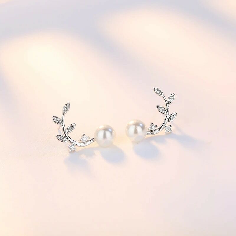 Pendientes de tuerca de hoja para mujer, joyería de perlas de cristal de Plata de Ley 925, nueva moda, XY0218