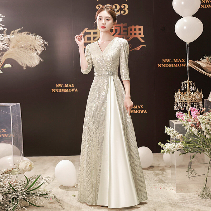 Champagne Gold Sequin Evening Dress Women V-Neck Long Sleeves Ribbon A-line Homecoming Dresses Exquisite Elegant Formal Gown