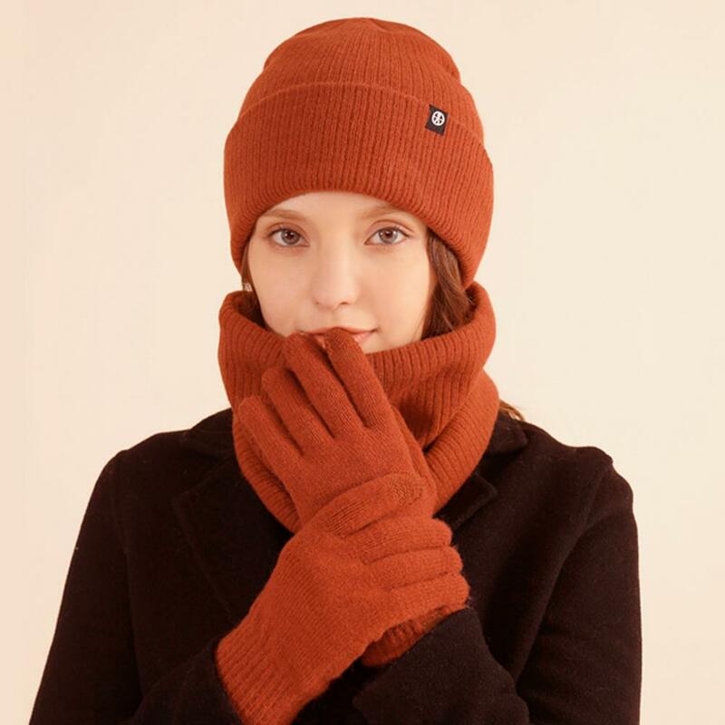 Hat Scarf Set Ultra-thick Windproof Winter Beanie Hat Gloves Scarf Set Soft Elastic Knitted Neck Warmer Solid Color Weather