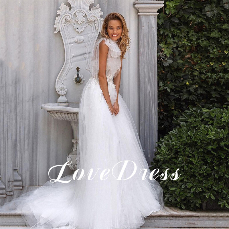 LoveDress Floral Lace Applique Halter Neck Boho Wedding Dress Sleeveless Tulle Vestidos Civil Princess Luxury Bridal Beach Gown