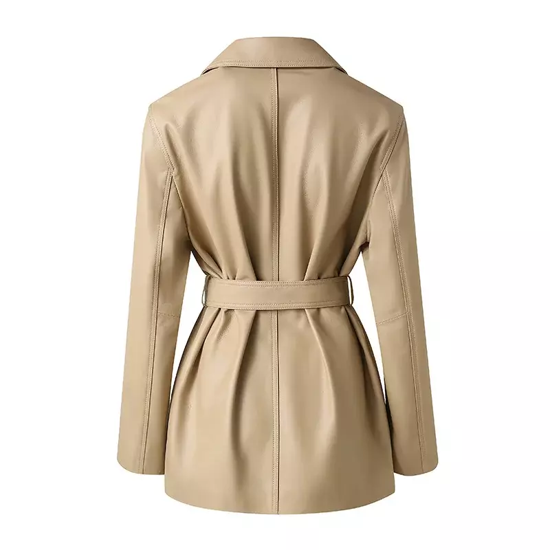 Fashion Women's Real Sheepskin Leather Blazer Long Sleeve Suit Turn-down Collar Leather Jackets with Belt
