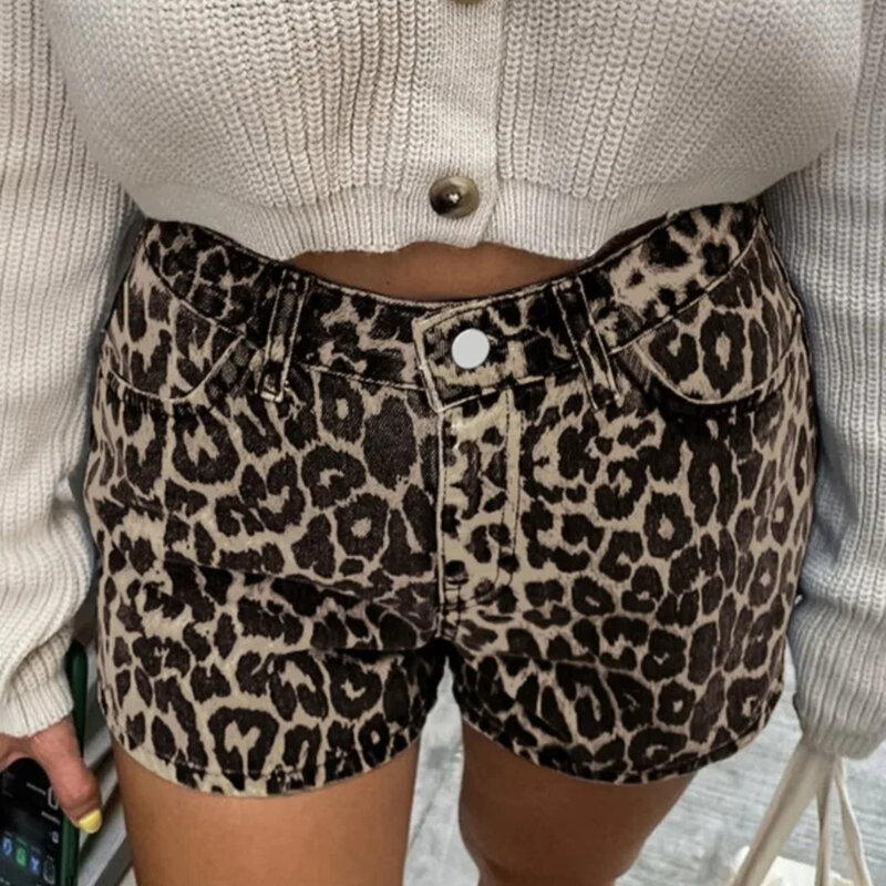 Shorts de cintura alta com estampa leopardo feminino, casual com zíper solto curto, streetwear feminino chique, primavera, verão