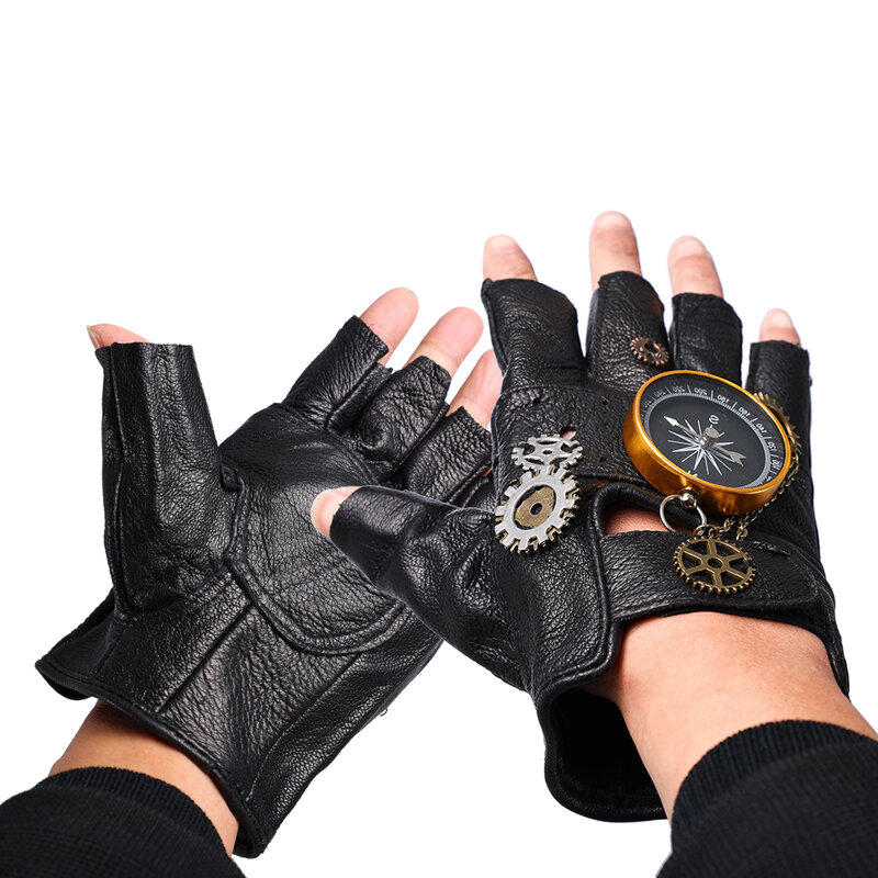 Steampunk PU skórzane rękawiczki bez palców kompas mężczyźni kobiety moda Hip Hop Punk rękawiczki pół palca rękawiczki