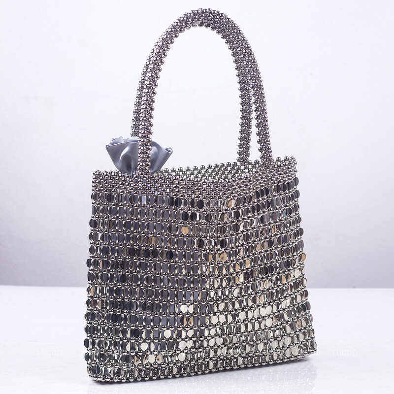 Женские металлические сумки-тоуты в стиле панк, серебряная сумка с верхней ручкой в стиле рок, винтажная вечерняя Праздничная Ретро сумка ручной работы с бусинами и жемчугом