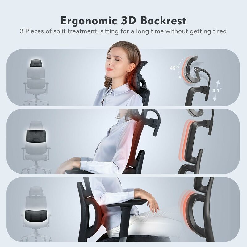 Home Office Desk Chair with Lumbar Support, Adjustable Headrest Ergonomic Mesh Office Chair with 4D Armrests
