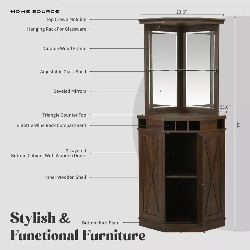 Home Source 73" Tall Corner Storage Cabinet with Wood Doors, Wine Rcak, Liquor Glass Holder, Glass Design Large Rustic Bar Hutch