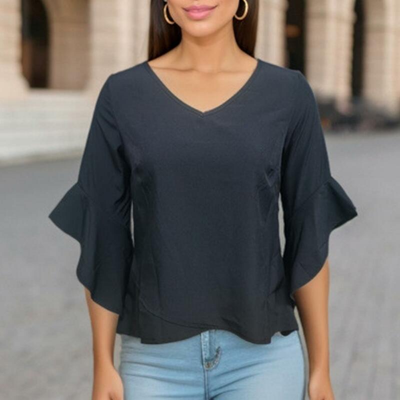 Solid Color Trumpet Sleeve Shirt Soft Breathable V Neck Women's Spring Summer Top with Irregular Three Quarter for Ladies