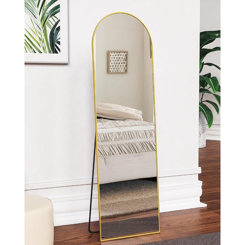 Antok cermin lantai, 64 "x 21" Panjang penuh cermin dengan berdiri, dinding melengkung cermin, kaca tanpa kaca panjang penuh, cermin lantai emas