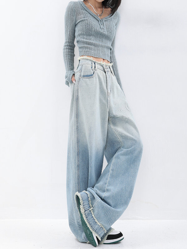 Jeans sottili estivi blu chiaro sfumati da donna Street Style pantaloni dritti Casual Vintage Design Chic pantaloni a gamba larga