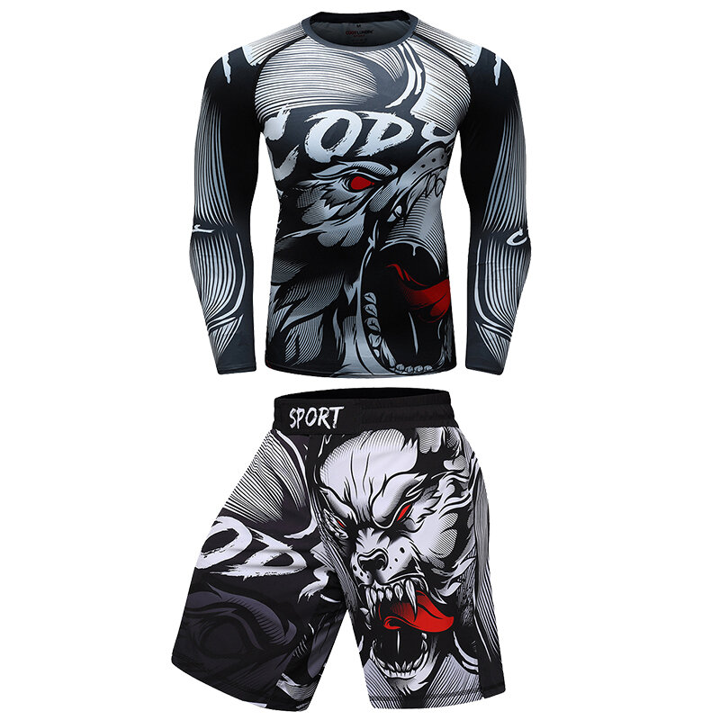 Cody Lundin Set abbigliamento sportivo da uomo MMA 3D t-shirt a compressione a maniche lunghe + pantaloncini da boxe pantaloni MMA 4 pezzi Rashguard Set da uomo