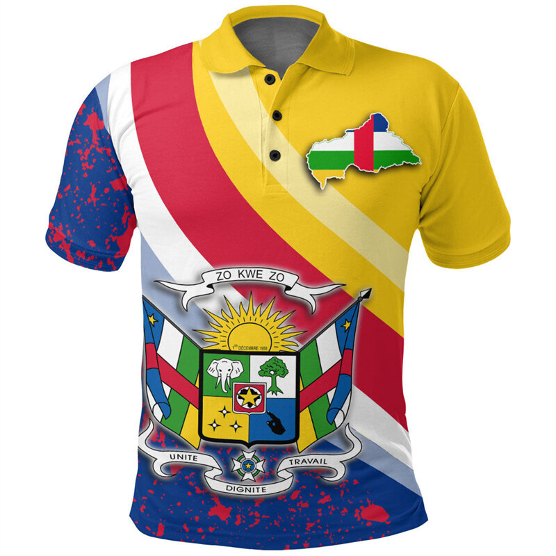 قمصان بولو ثلاثية الأبعاد مطبوعة للرجال ، جمهورية أفريقيا الوسطى ، خريطة العلم ، الشعار الوطني ، قمصان تي شيرت بأزرار للأولاد ، ملابس رجالية