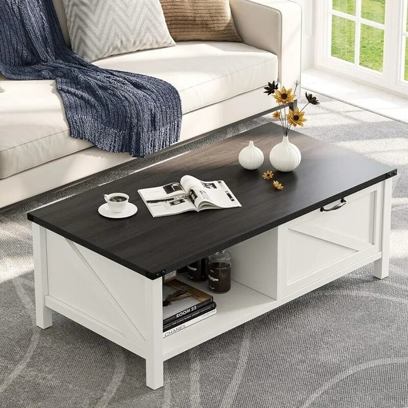Farmhouse Coffee Table Wooden Cocktail Table,with Cabinets and 2-Tier Storage Open Shelf,Home,White & Grey.