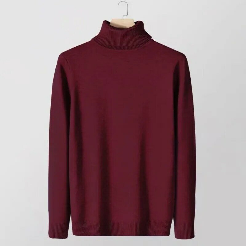 Мужской пуловер осень-зима 2023, Модный повседневный свободный свитер с высоким воротником, вязаный однотонный топ с длинными рукавами