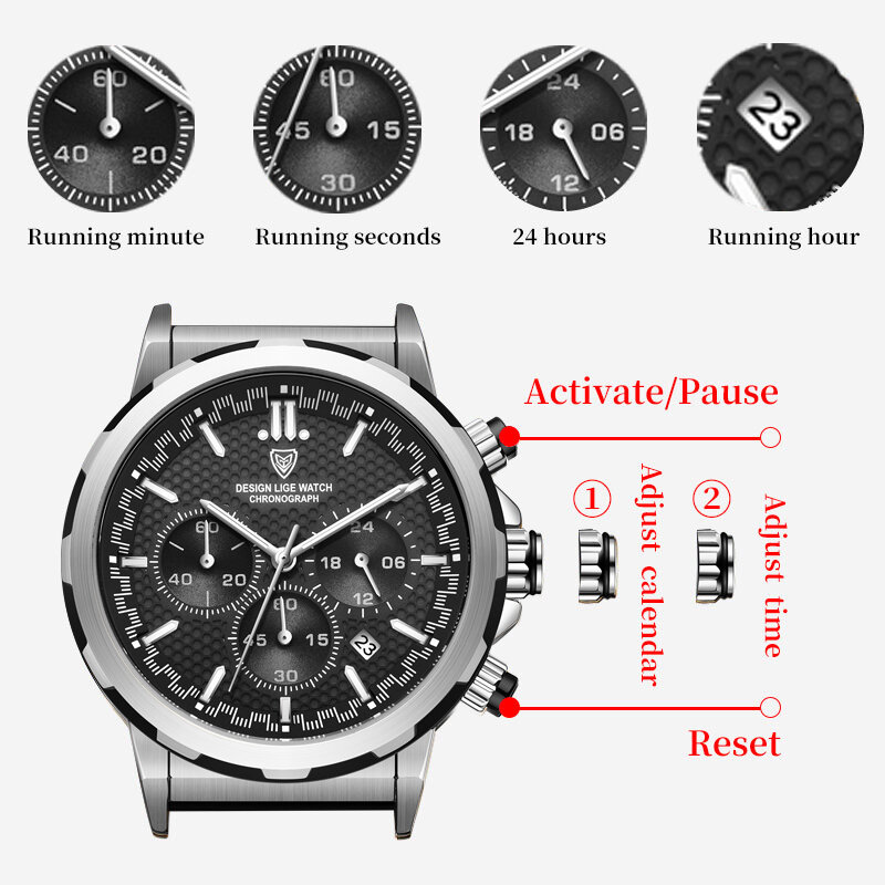 Часы наручные LIGE Мужские кварцевые, большие брендовые Роскошные спортивные водонепроницаемые с хронографом и датой