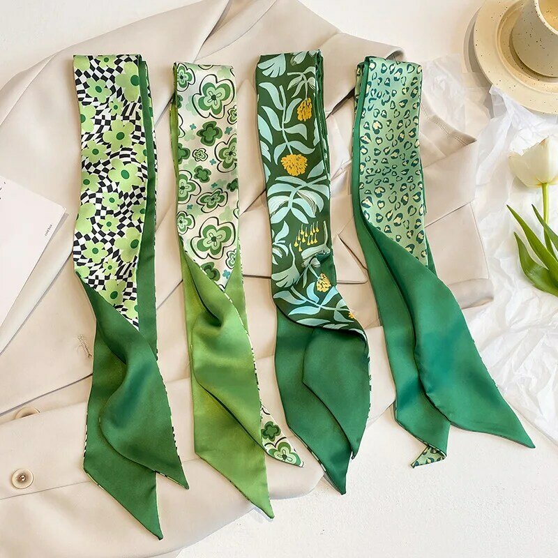 2023 novo verde floral impressão magro lenço de seda saco fita feminina moda foulard neckerchief feminino hairband cetim macio senhora presente