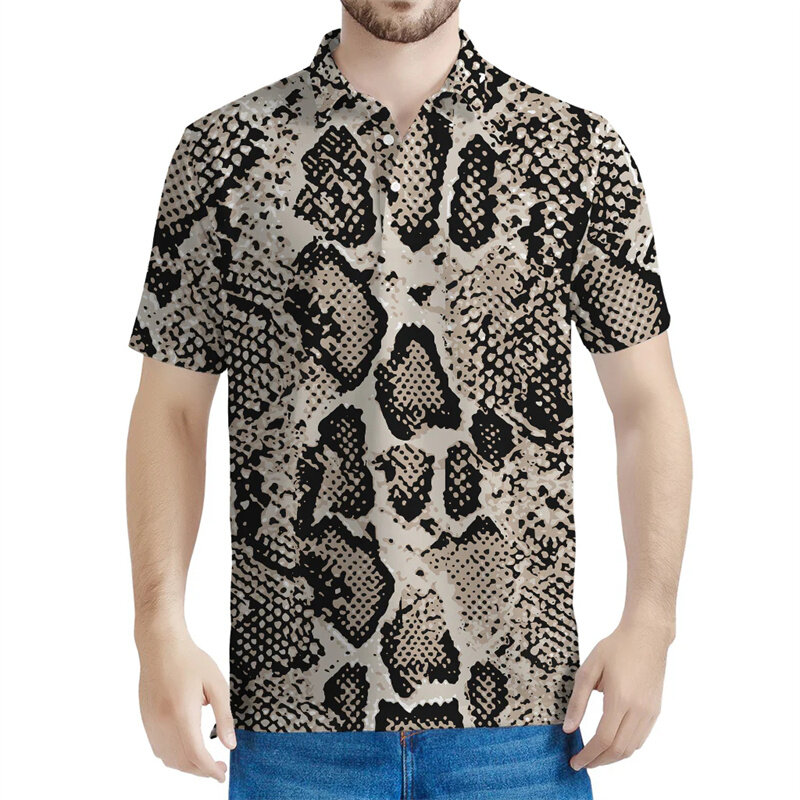 男性と女性のためのスネークパターンの半袖ポロシャツ,パンクファッション,3Dプリント,動物の皮,ストリートボタン,ラペルの襟